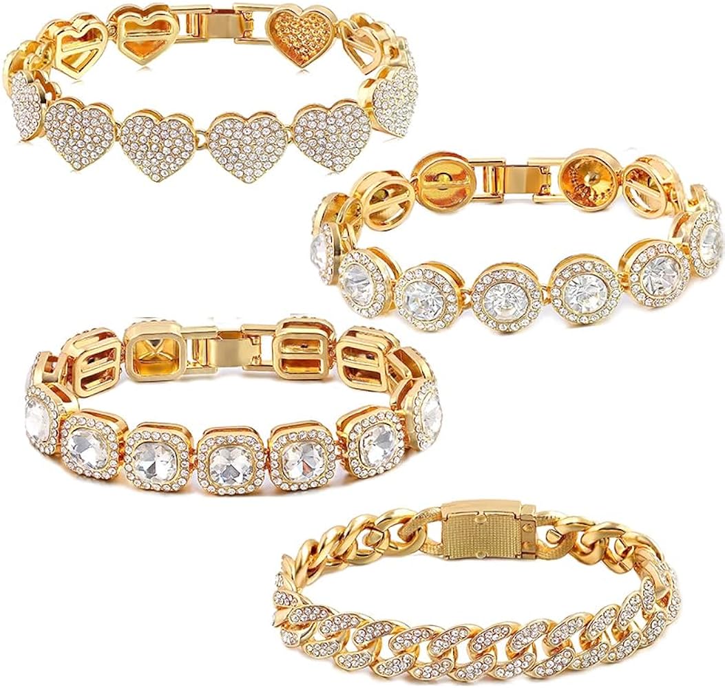 4PCS Silver Bracelet for Women, Clustered Gold Tennis Bracelets for Girls, Round/ Heart/ Quadrate Diamond/ Cuban Bracelet, Chunky Layered Link Bracelet Set, Fashion Jewelry for Women Girls Gift Set