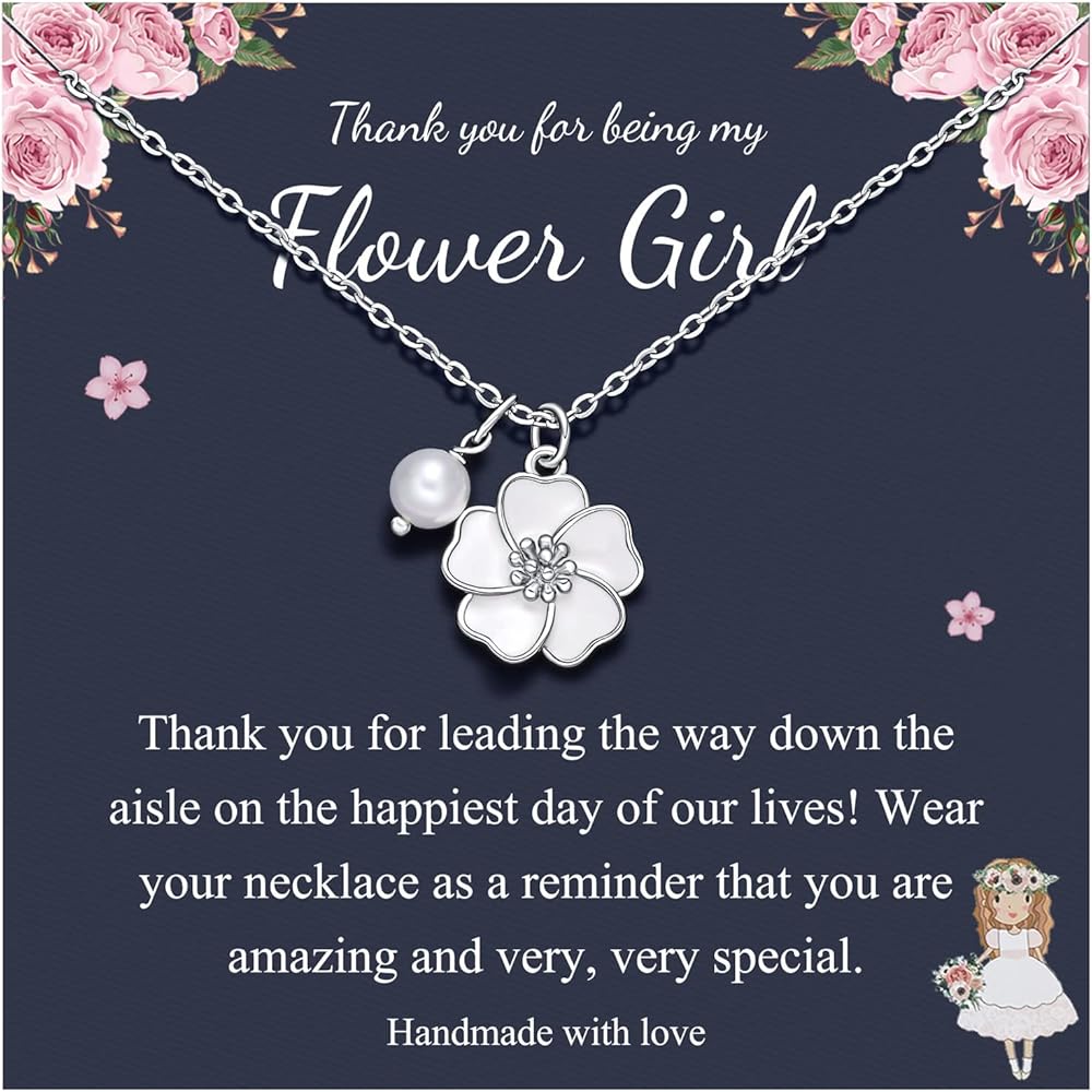 PINKDODO Flower Girl Necklace Pearl Flower Charm Necklace Wedding Jewelry Gifts for Flower Girl