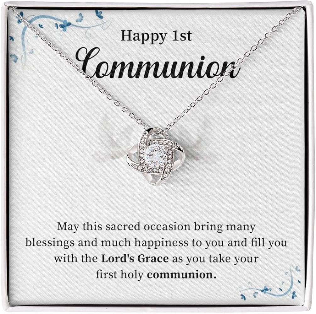 Happy 1st Communion Love Knot Necklace, First Communion Gifts For Girls, Baptism Necklace, 1st Communion Gifts For Girls, Gift For Granddaughter, Daughter, Girlfriend, Catholic Communion Gifts, Emotions Faith Cristian Sentimental Message Card Jewelry Box Gifts For Women.