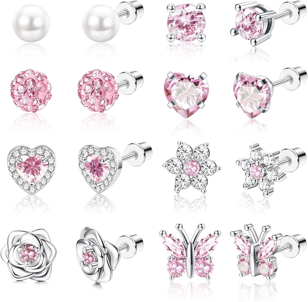 Jstyle 8 Pairs Hypoallergenic Screw Back Earrings for Girls Women 316L Stainless Steel Cute CZ Butterfly Heart Flower Pearl Screwback Stud Earrings Set for Teen Girls Multicolored Pink Tone