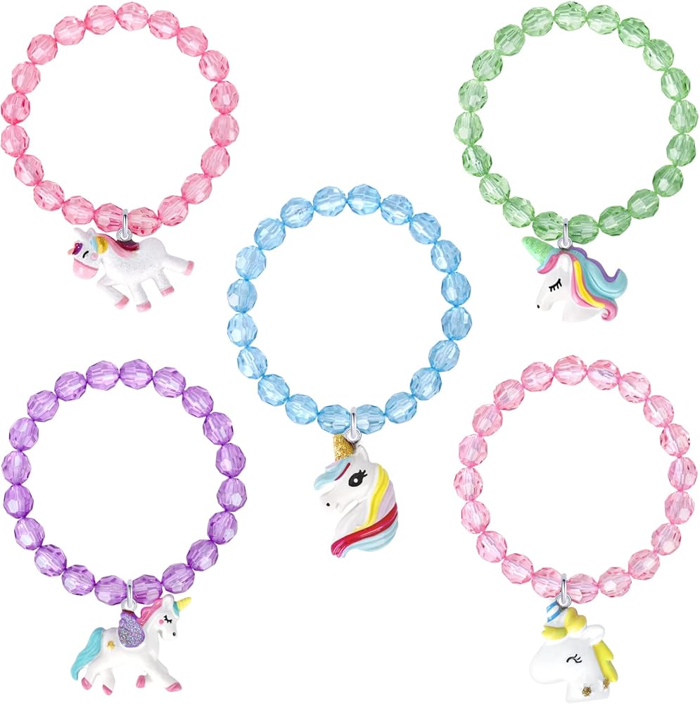 5pc Colorful Unicorn Bracelet, Little Girl Animal Bracelets, Teens Kids Owl Pendant Beaded Bracelet Girl Party Favor Pretend Play Bracelet