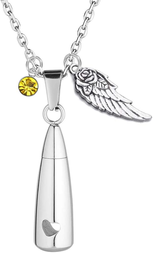 weikui Teardrop Shaped with Angel Wing Charm Initial Necklaces Ashes Holder Pendant Cremation Memorial Birthstone Jewelry