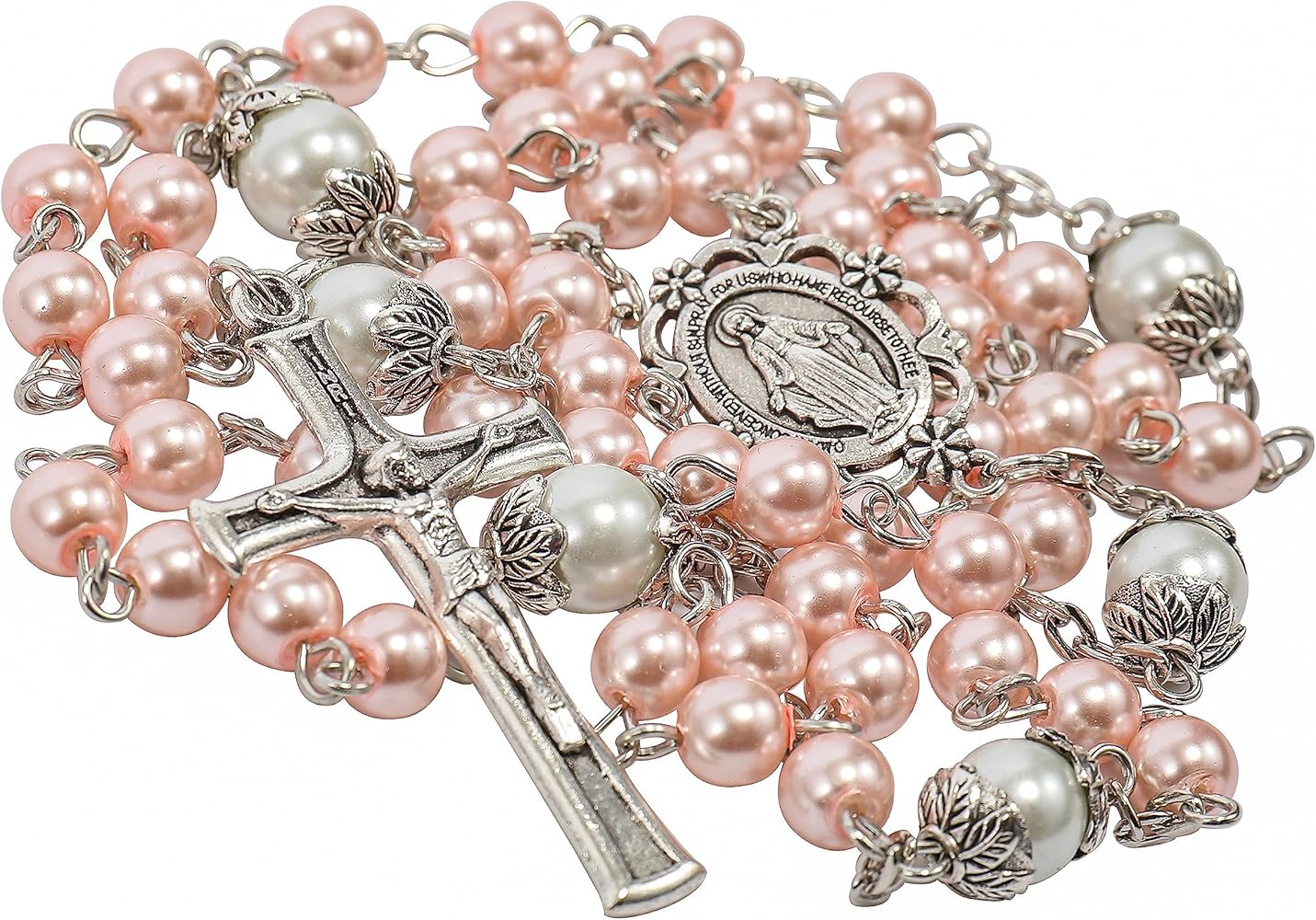 Nazareth Store Pearl Beads Rosary White Our Father Beaded Necklace Lourdes Medal & Cross Crucifix Spiritual Devotion