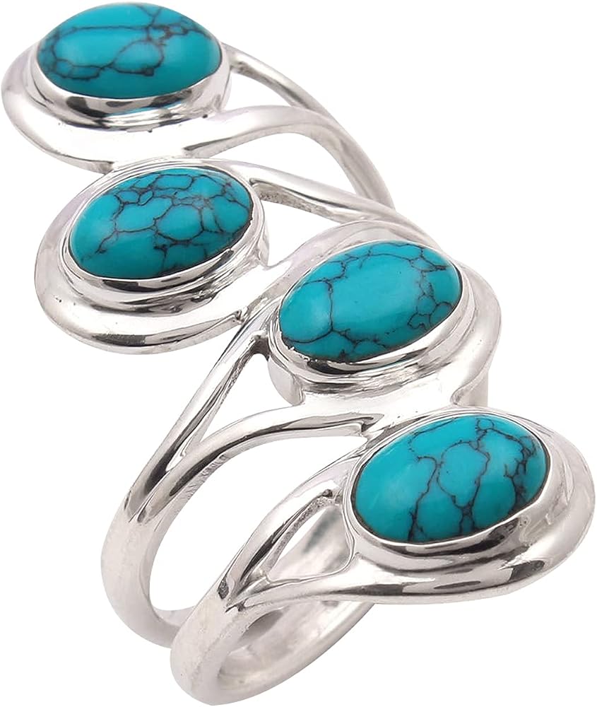 Beauty 4 Stone Turquoise Gemstone 925 Sterling Silver Spinner Ring Jewelry