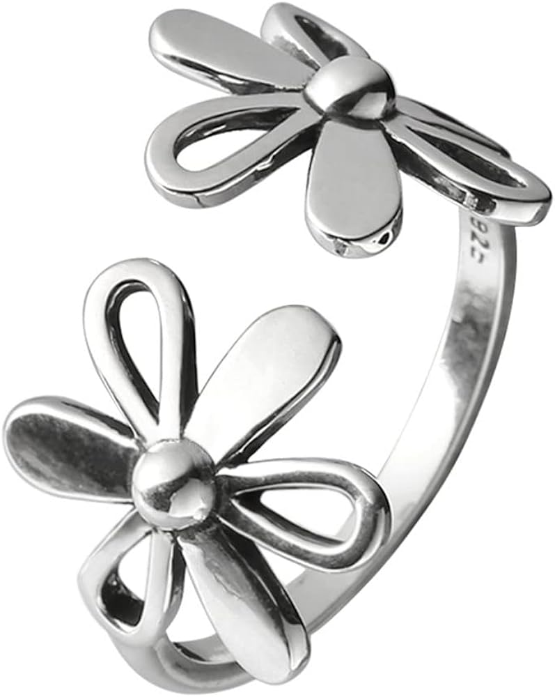 Daisy Flower 925 Sterling Silver Adjustable Open Ring for Women Girls Hypoallergenic Expandable Wedding Statement Finger Rings Comfort Fit Dainty Engagement Birthday Mother's Day Jewelry Gift