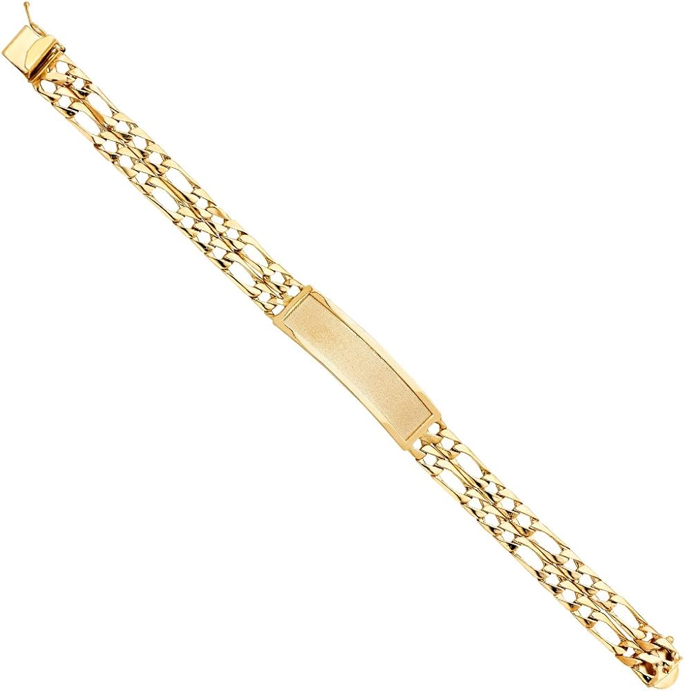 14KY 2L Light Figaro Link ID Bracelet - 8.5" | Gold Chain Bracelet for Men’s and Women’s | Solid Gold Bracelets for Womens Mens Girls Boys 14k Real | Birthday Valentines Gifts For Adults | Weight 19.3 | Jewelry Gift Box | Men’s Jewelry