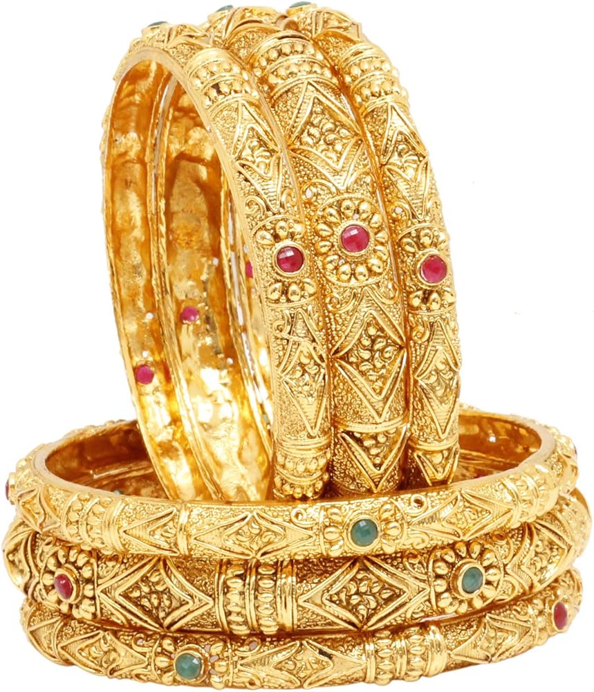 SANARA Indian Bollywood Ethnic Gold Tone Crystal Stone 6 pc Bangle Bracelet Set Traditional Bangle Set Wedding Costume Jewelry