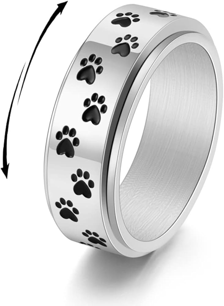 Paw Print Spinner Fidget Ring Stress Relieving Anxiety Rotate Freely Cute Animal Boredom ADHD Autism Band Stainless Steel Engagement Wedding Jewelry Birthday Valentine's Day Gift for Women Men