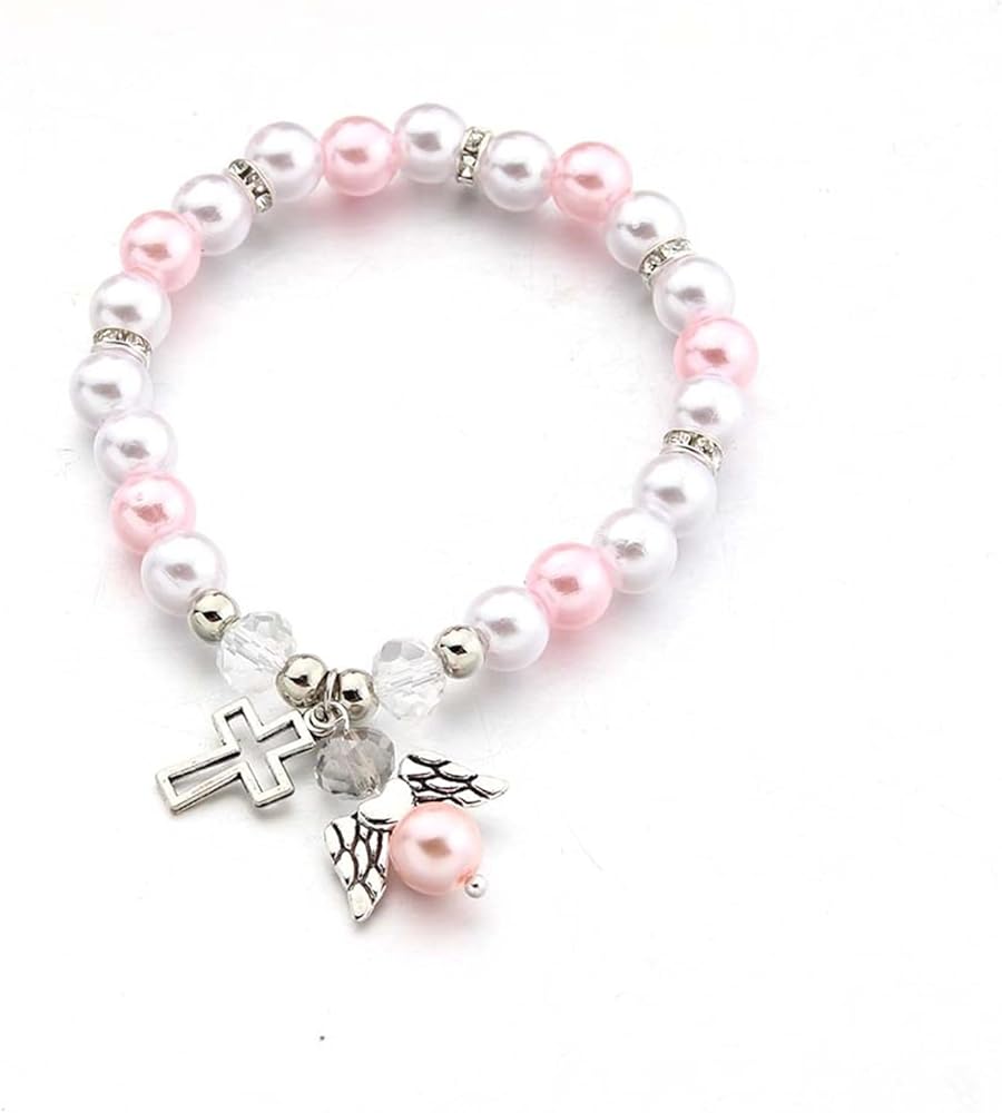 Pearl Cross Bracelet for Women Girls Dainty Charm Hollow Cross Angel Pendant Bracelet Hanmade Elastic force Adjustable Christian Bracelet Religious Beaded Bracelets Catholic First 1st Communion Easter Gifts