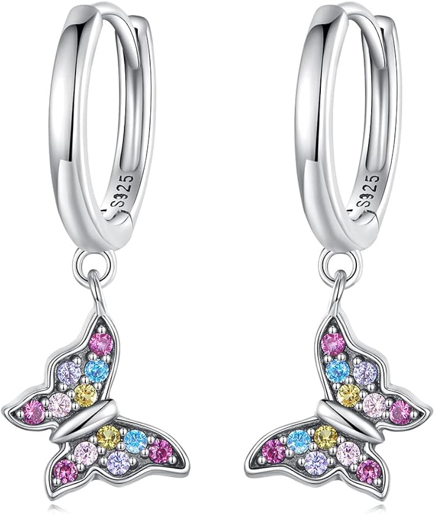 Dainty CZ Butterfly Dangle Hoop Earrings for Women Teen Girls 925 Sterling Silver Colorful Crystal Insect Drop Cartilage Small Huggie Hoops Hypoallergenic Wrap Cuffs Cute Jewelry Gifts Birthday