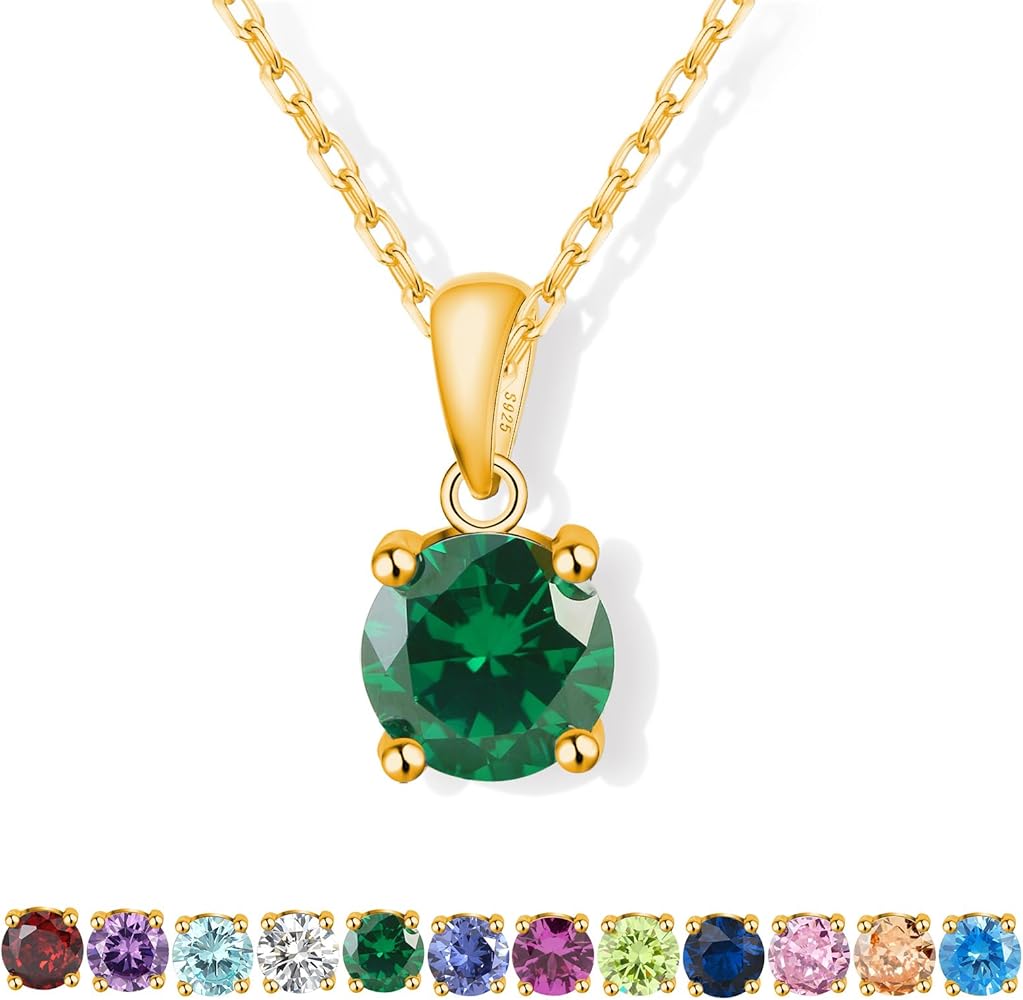 Birthstone Necklaces for Women and Girls, Gold Plated S925 Sterling Silver Necklace for Women, Ideal Birthstone Jewelry for Mom(Emerald Green, Yellow Gold)