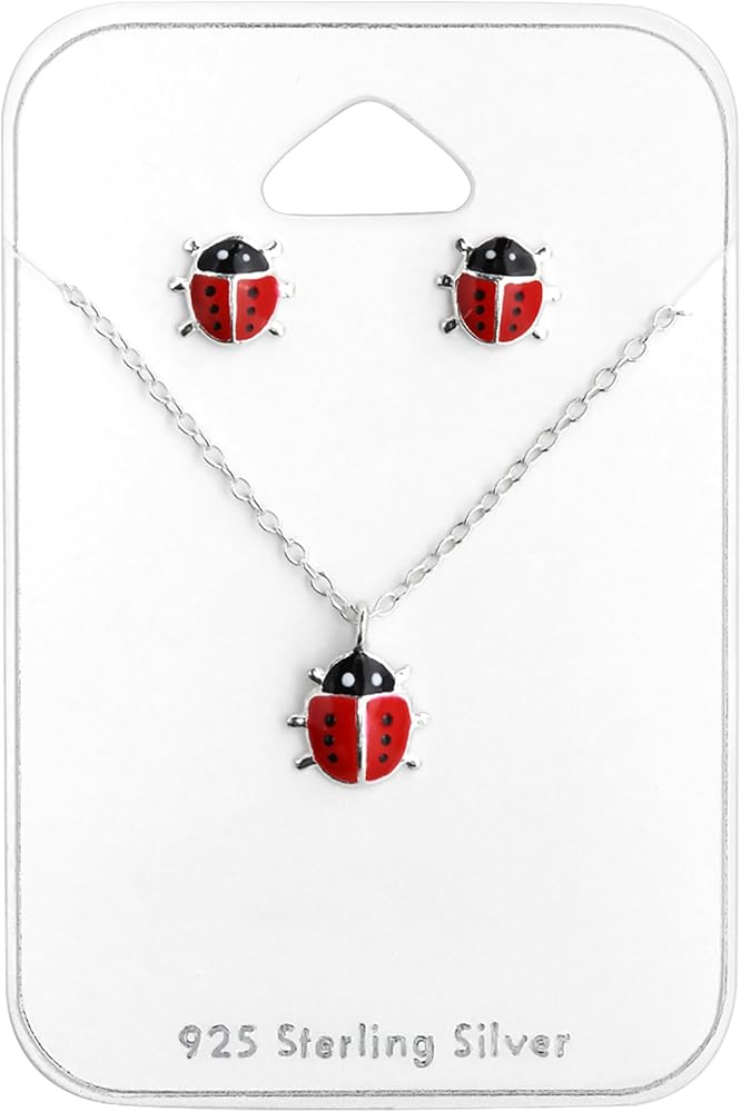 925 Sterling Silver set Tiny Red Ladybug Necklace and Stud Earrings (Nickel Free)