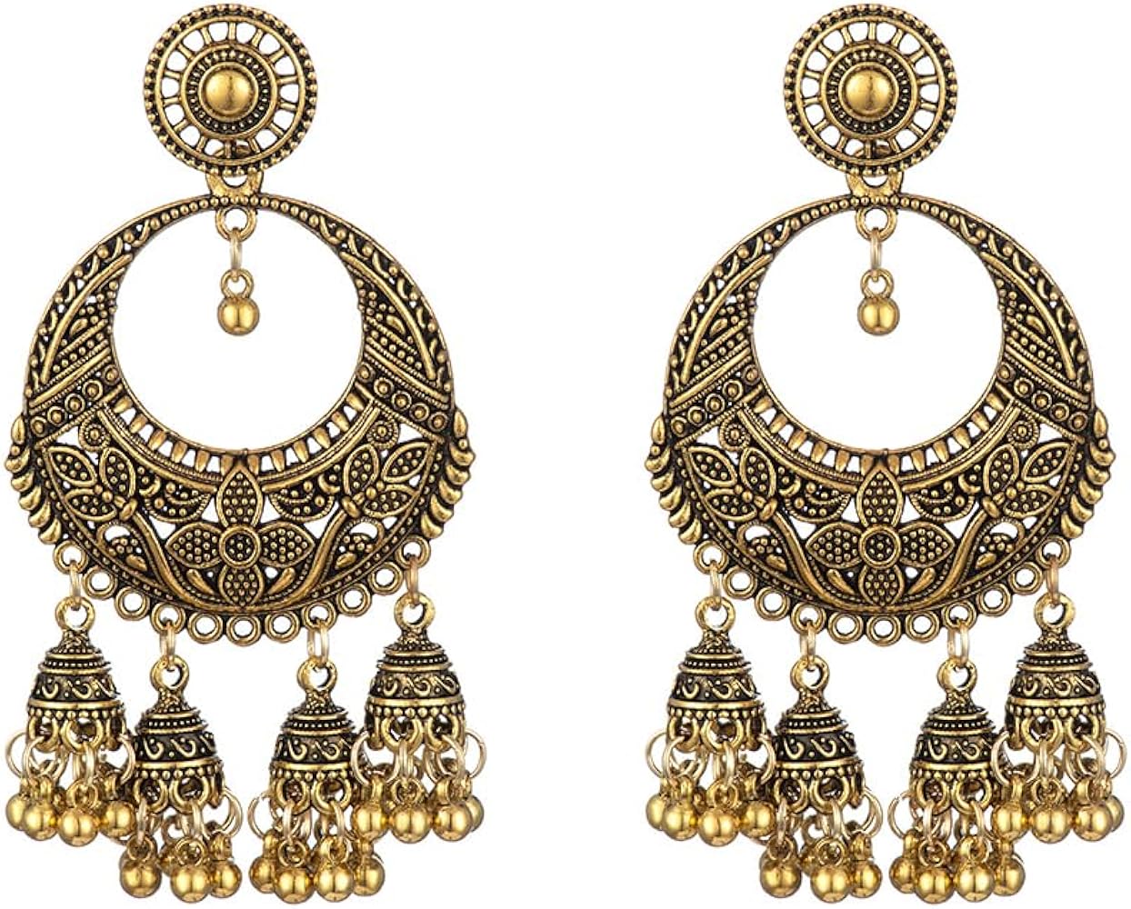 Large Jhumka Jhumki Tassel Bell Earrings Retro Indian Ethnic Beaded Carving Flower Statement Traditional Bohemian Bollywood Earring for Women Girls Oxidized Antique Festival Wedding Party Jewelry Gift