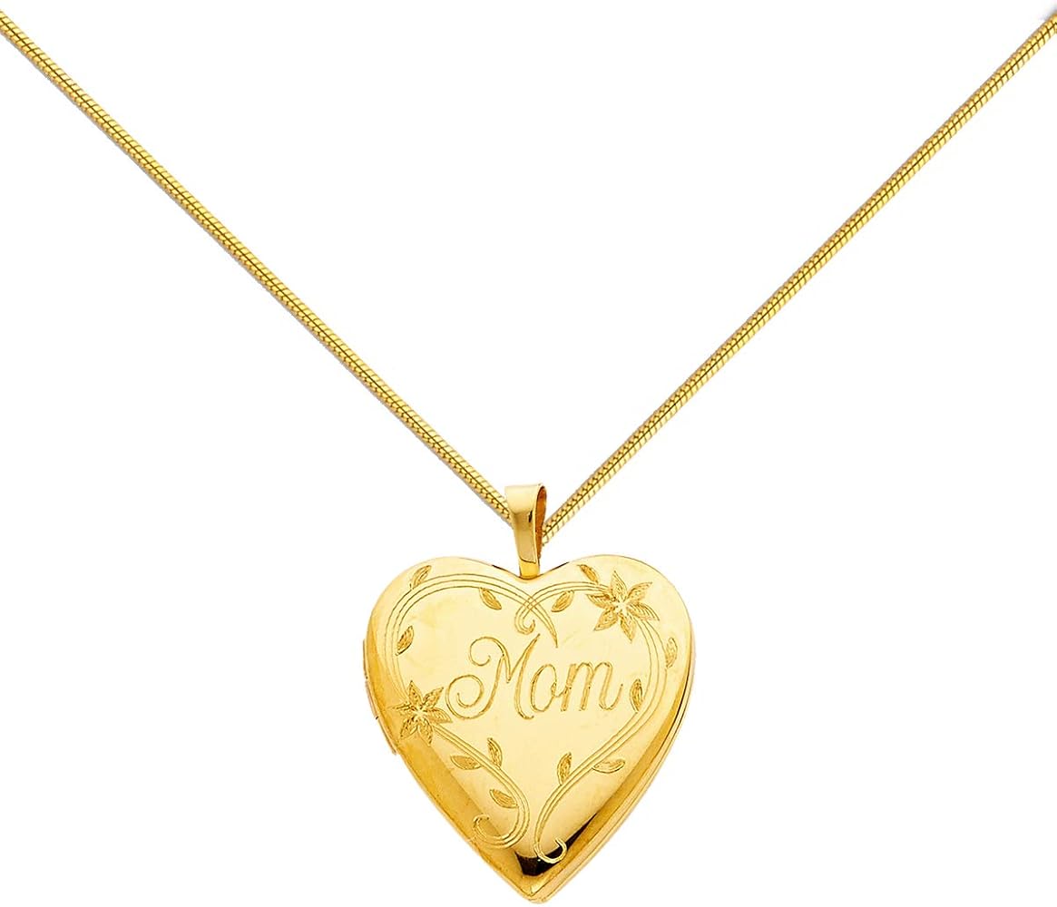 14K Yellow Gold mom Love Heart Locket Pendant with 0.8mm Yellow Snake Chain