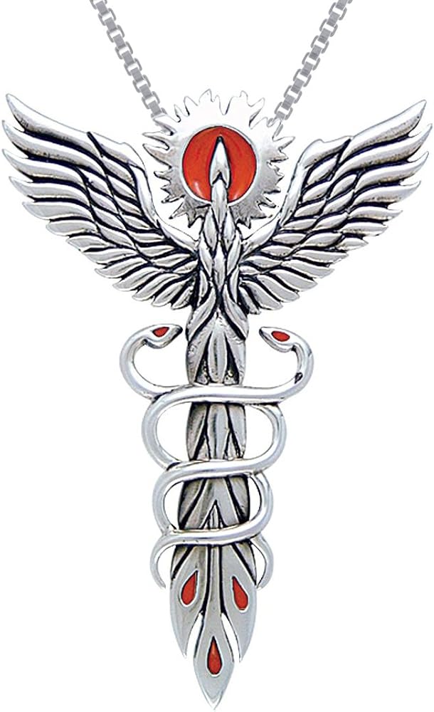 Rising Phoenix Fire Bird with Snakes Sterling Silver Pendant Necklace