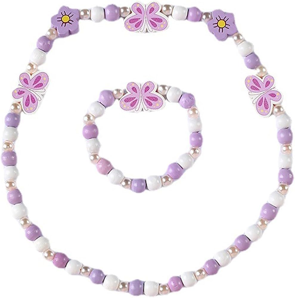 Butterfly Necklace Bracelet Sets for Girls Butterfly Stretch Necklace White Purple Bead Bracelet Little Princess Jewelry Butterfly Stretch Bracelets