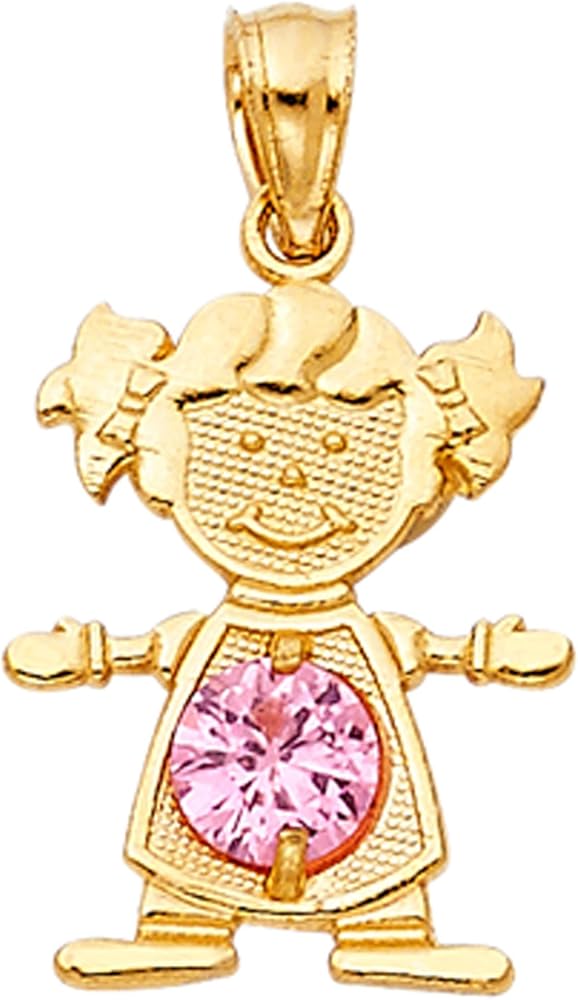 14K Yellow Gold Birthstone Cubic Zirconia CZ Girl Charm Pendant For Necklace or Chain