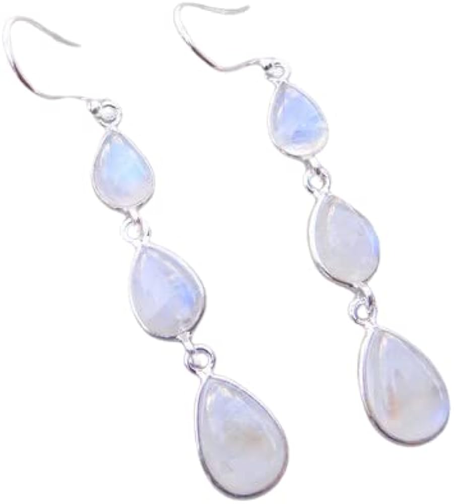 Sterling Silver 925 Natural Pear Rainbow Moonstone Dangle Earring Jewelry