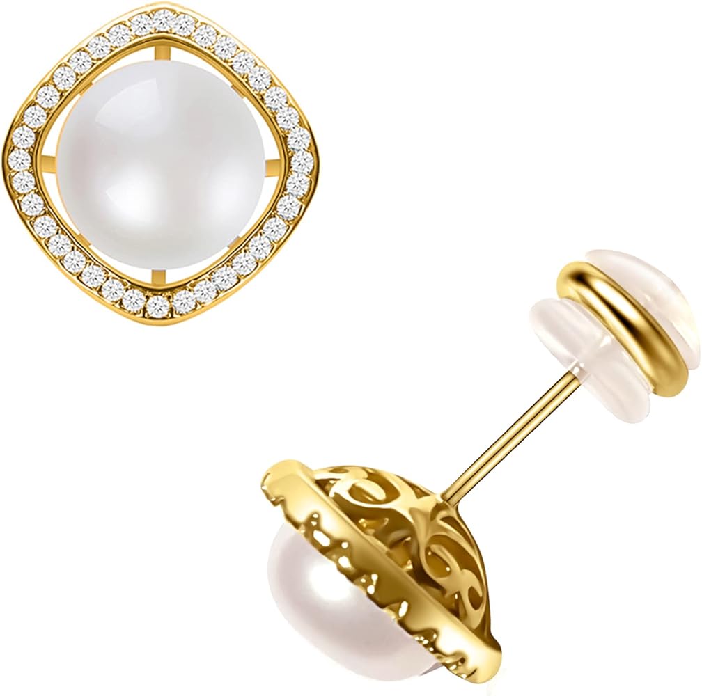 18K Gold Plated Freshwater Cultured Pearl Stud Earrings | Real Pearl Earrings for Girl&Women- AKOCIDY 10mm…