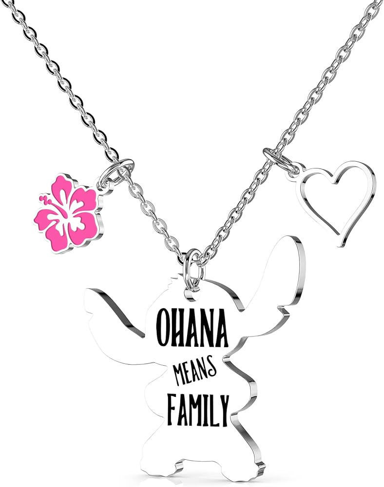 Stitch Ohana Means Family Pendant Necklace Hawaiian Blessing Jewelry Gifts for Women Teen Girls,Christmas Birthday Gift for Her.