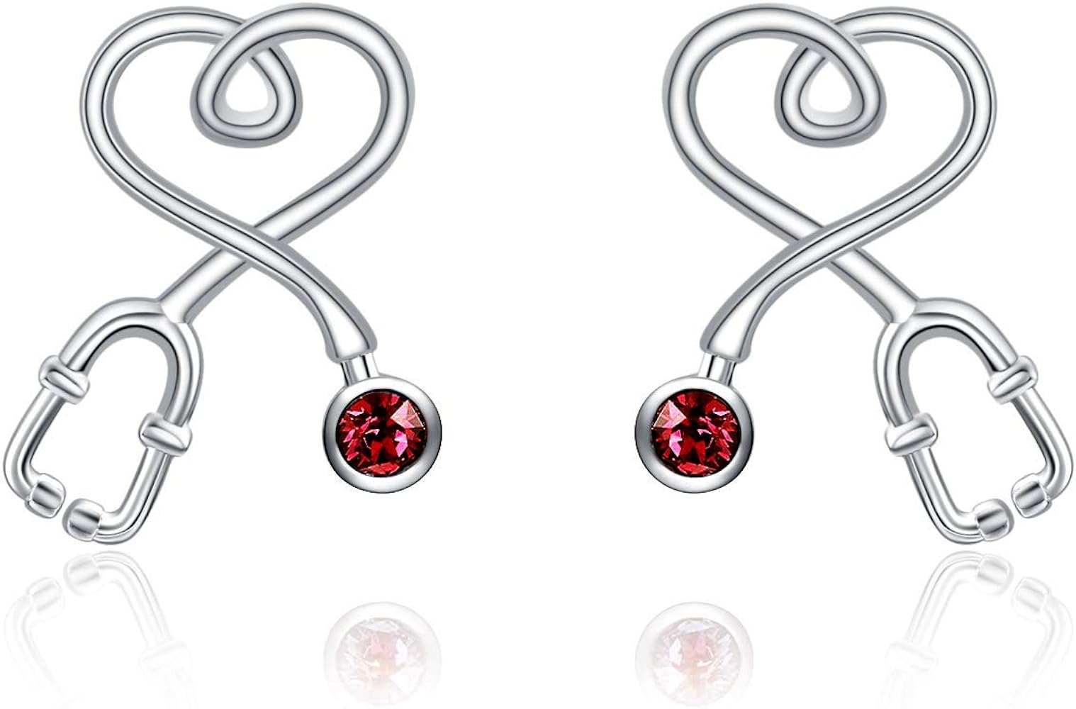 Stethoscope Earrings 925 Sterling Silver Heart Studs Earrings 12 Months Birthstone Crystals from Austria, Graduation Jewelry Gifts for Nurse Doctor RN Medical Student