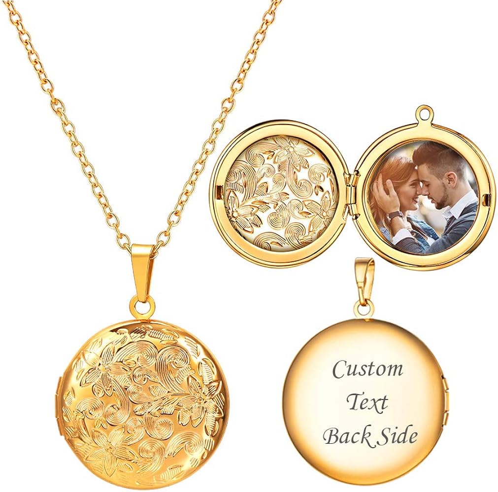 U7 Personalized Picture Necklaces for Women Girls, Platinum/Gold Plated Lockets with 18 Inch Chain, Custom Photo & Text Flower Heart/Round Shape Locket Necklace Pendant Valentines/Mother Gift