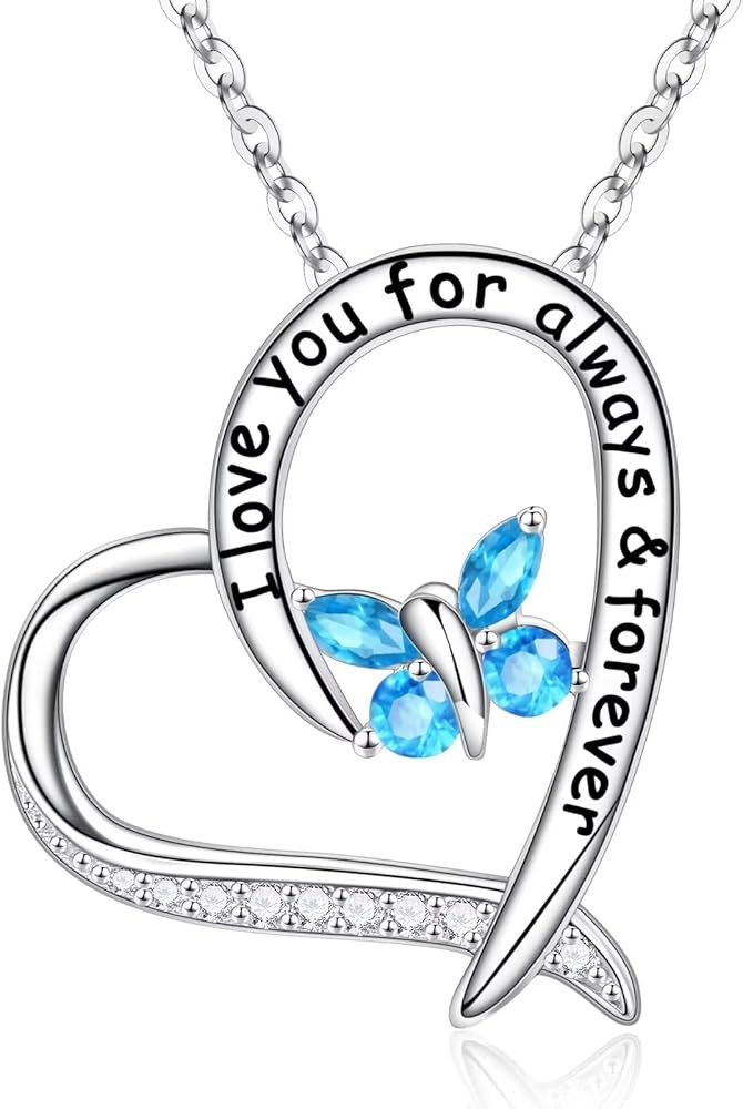 Mothers Day Gifts - 925 Sterling Silver Heart Butterfly Necklace with Birthstone Valentines Anniversary Birthday Gifts for Women Mom Mothers Day Gifts