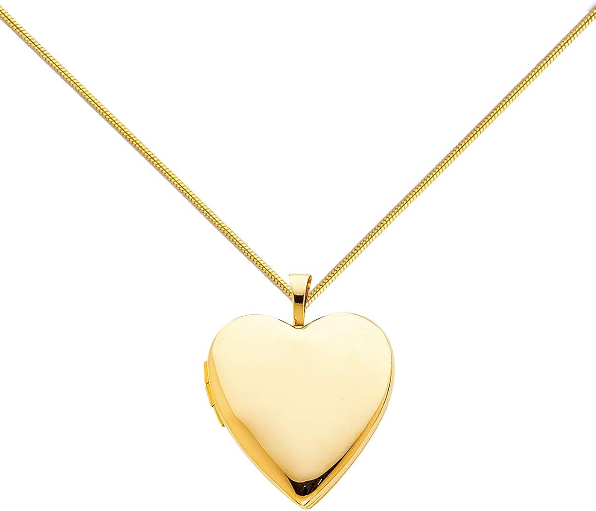 14K Yellow Gold Love Heart Locket Pendant with 0.8mm Snake Chain