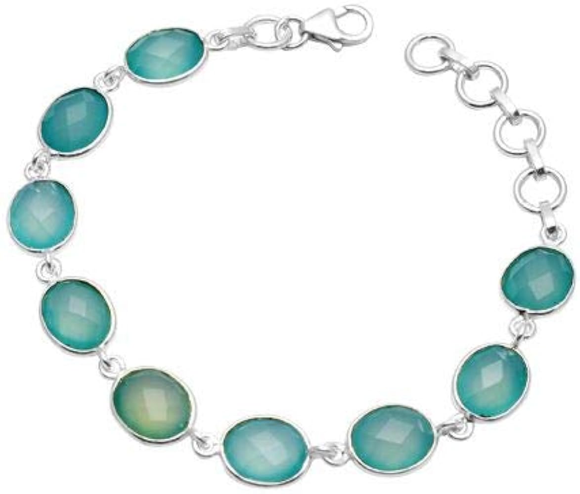 Silver Palace Natural Chalcedony Gemstone 925 Sterling Silver Link Bracelet For Women & Girls Size-7 Inch To 8 Inch