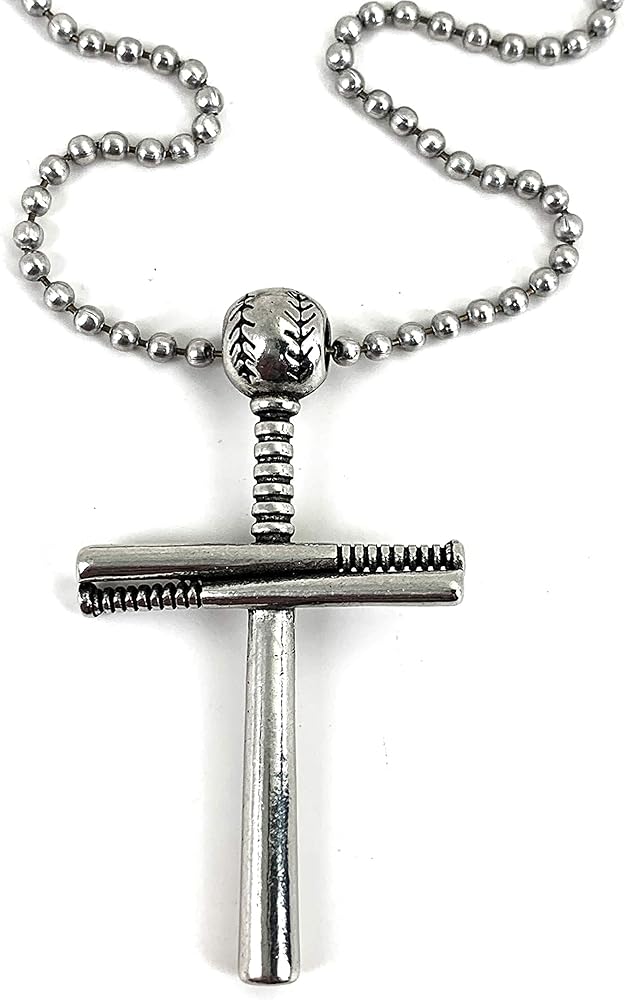 Baseball Bat And Ball Cross Necklace Pewter I Can Do All Things Antique Silver Finish Softball