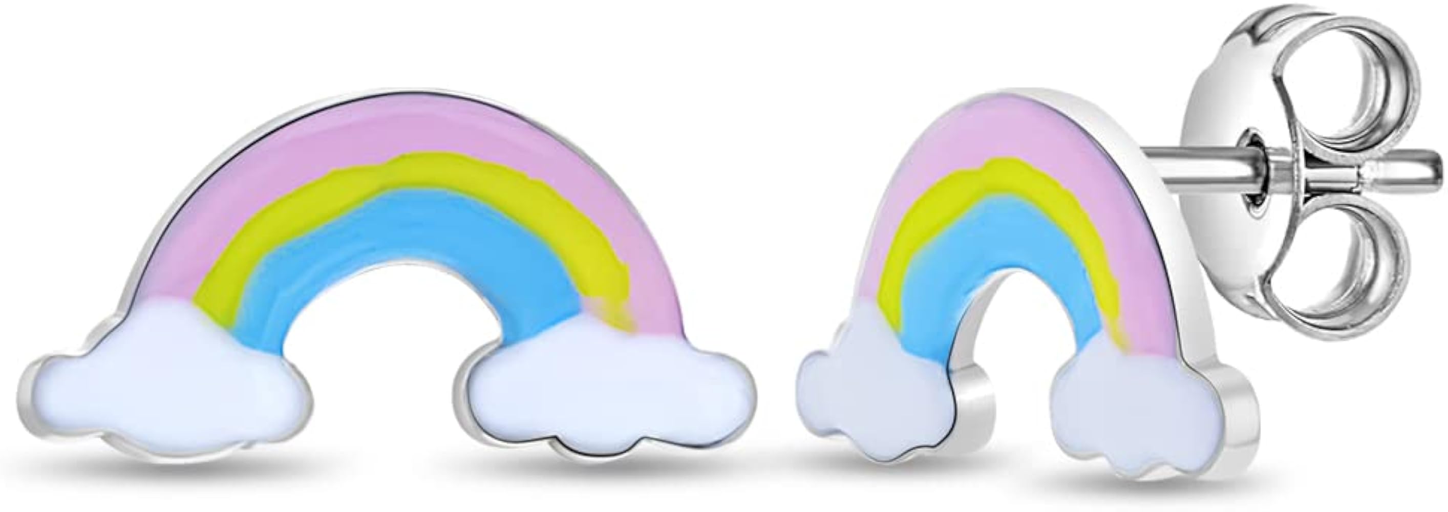 925 Sterling Silver In The Clouds Puffed Enamel Rainbow Standard Push Back Earrings For Little Girls - Sweet Pastel Colored Rainbow Girl Earrings For Girls Birthday - Children's Rainbow Earrings