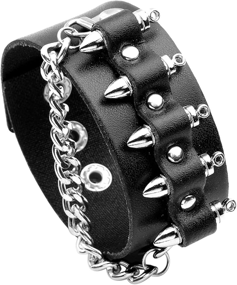 Punk Rock Snap Bracelet Bullet Chain Wristband Wide Leather Cuff Bracelet