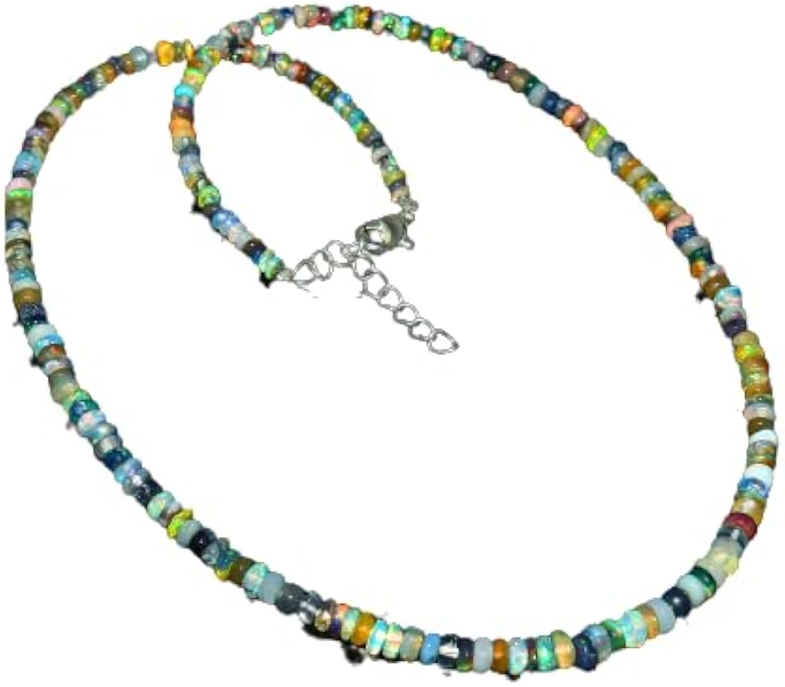 Handmade 925 Sterling Silver Real Opal Fire Opal Beaded Necklace 16Inch Strand For Men/Women Jewelry