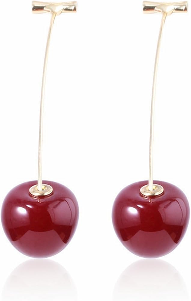 Red Cherry Fruit Earrings Gold Plated 3D Handmade Charm Sweet Fresh Fruits Resin Food Long Lightweight Nature Dangle Drop Earrings for Women Teen Girls Birthday Party Valentines Day Kawaii Jewelry Gifts