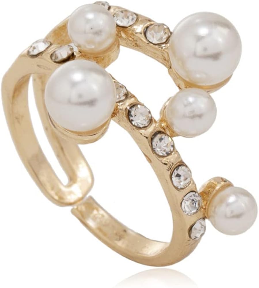 Shell Pearls CZ Wedding Statement Ring for Women Gold Plated Layered Rhinestone Mini Imitation Pearls Open Band Finger Rings Comfort Fit Dainty Birthday Valentine Anniversary Jewelry Size 8