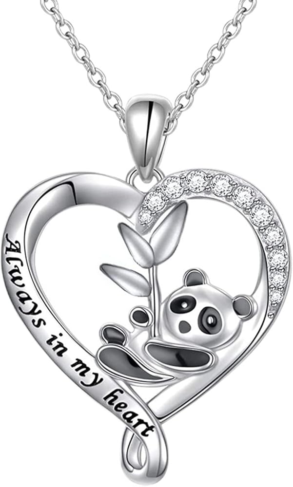 Silver Crystal Panda Necklace Choker Vintage Heart Panda Pendant Cute Animal Necklace Charm Jewelry I Love You Forever Birthday Gifts for Kids Women and Girls