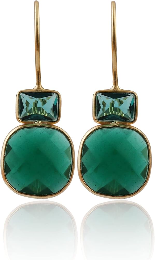 Handmade Apatite & Green Onyx Gemstone Hook Stud Earring | Rectangle & Cushion Shape Bezel Sett Earring | Wholesale Brass Gold Plated Dangle Jewelry | 1801)4F