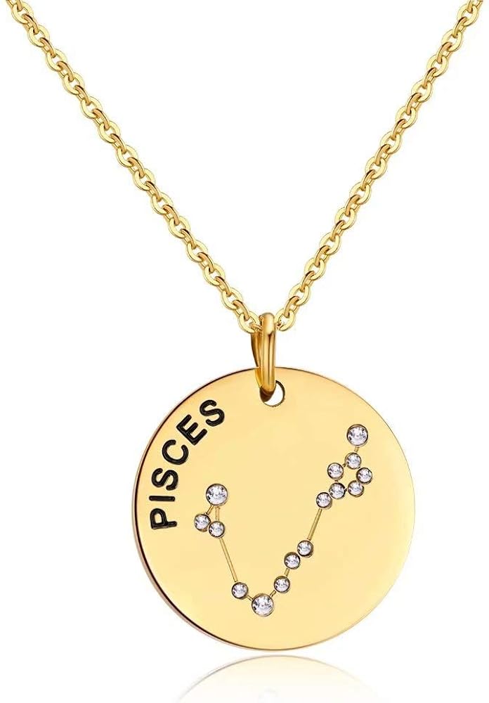 12 Constellations Exclusive Gold Plated Necklace Zodiac Horoscope Astrology Disc Sparkling Pendant 17”+ 2” as Gifts for Women and Girls