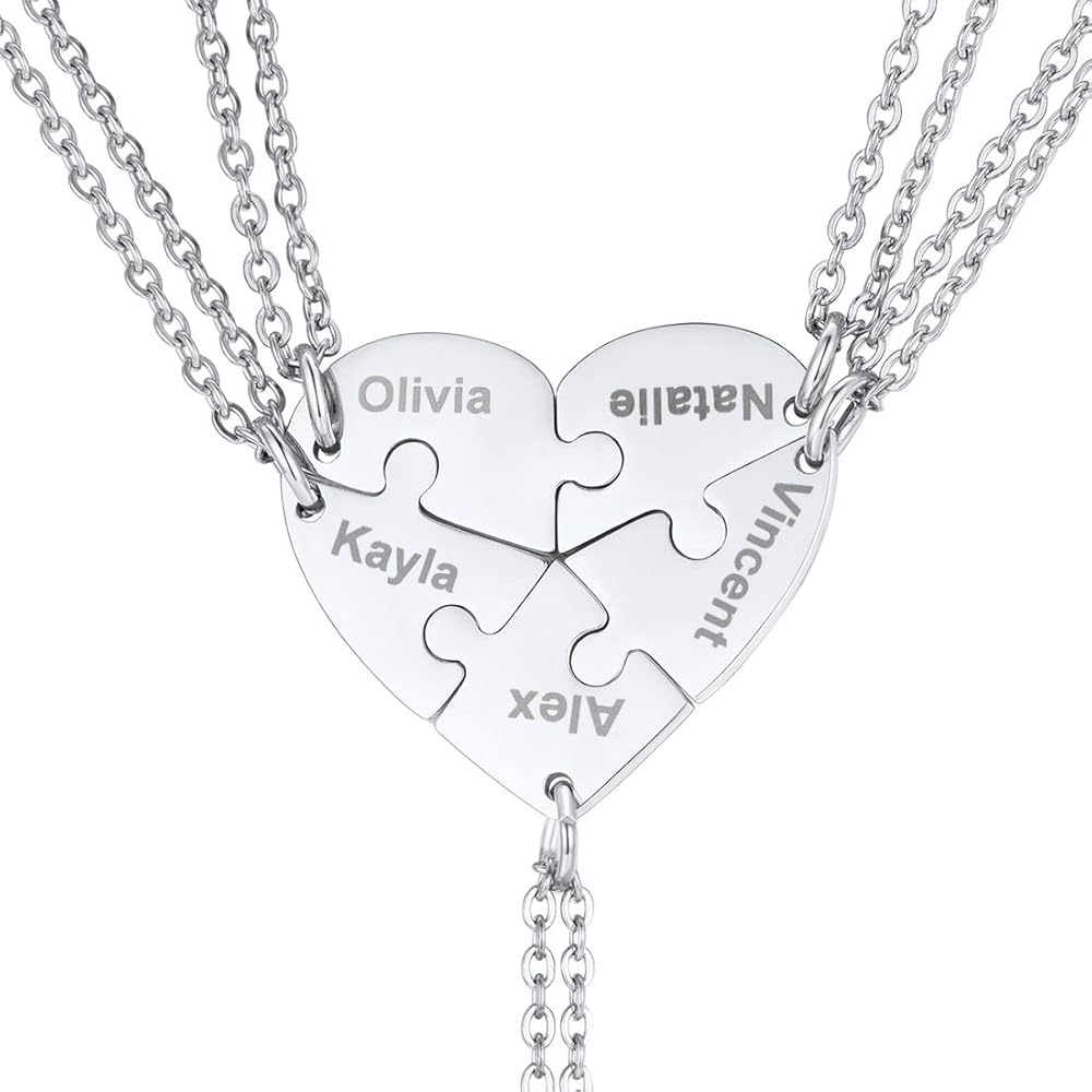 U7 BFF Necklace for 2/3/4/5/6 Women Girls Stainless Steel Personalized Family/Sibling/Friendship Jewelry Set Custom Best Friend Name Engrave Heart Puzzle Matching Pendant Necklaces