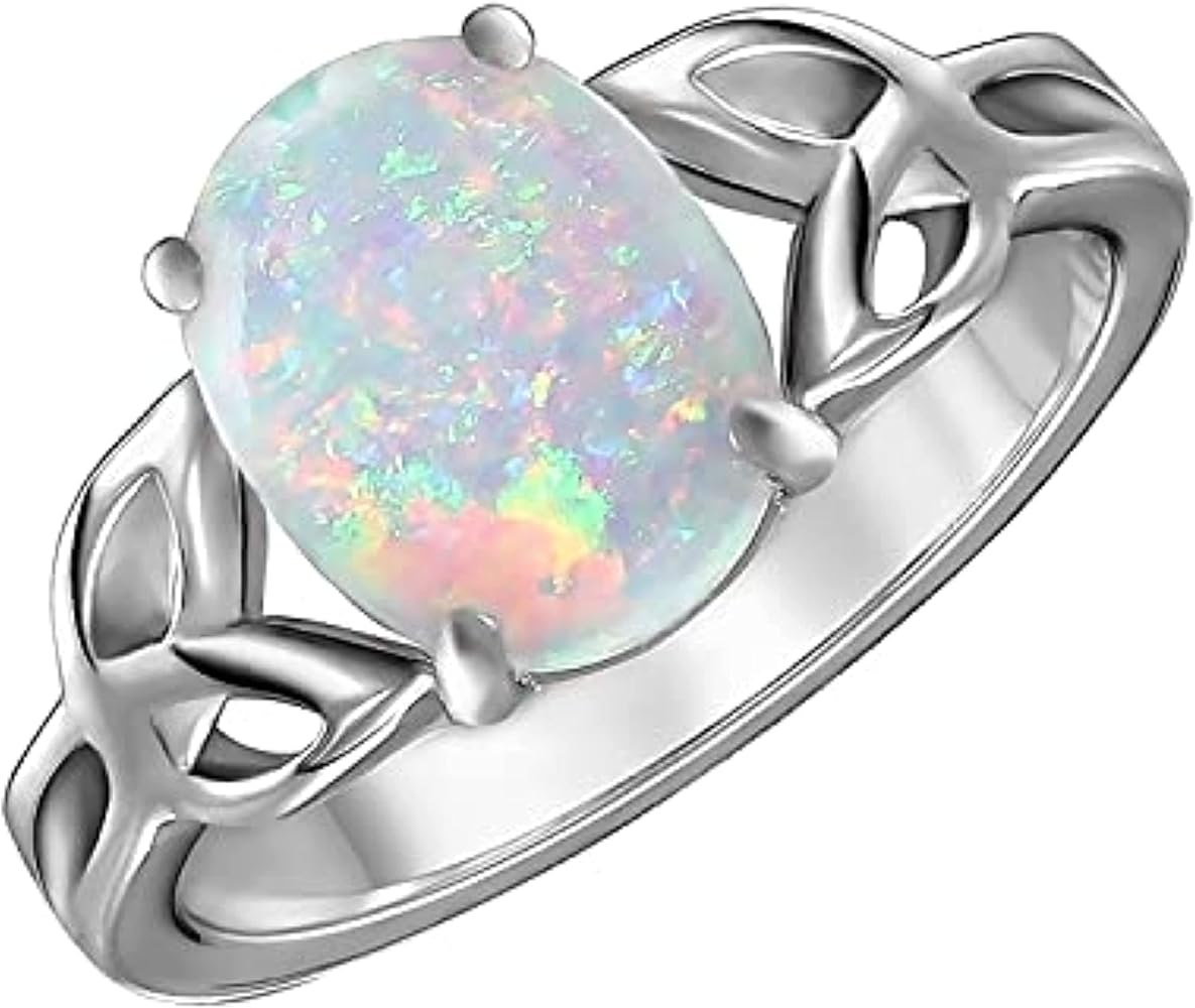 Oval Cut Created Opal Celtic Love Knot White Engagement Ring For Womens & Girls 14k White Gold Plated 925 Sterling Silver.