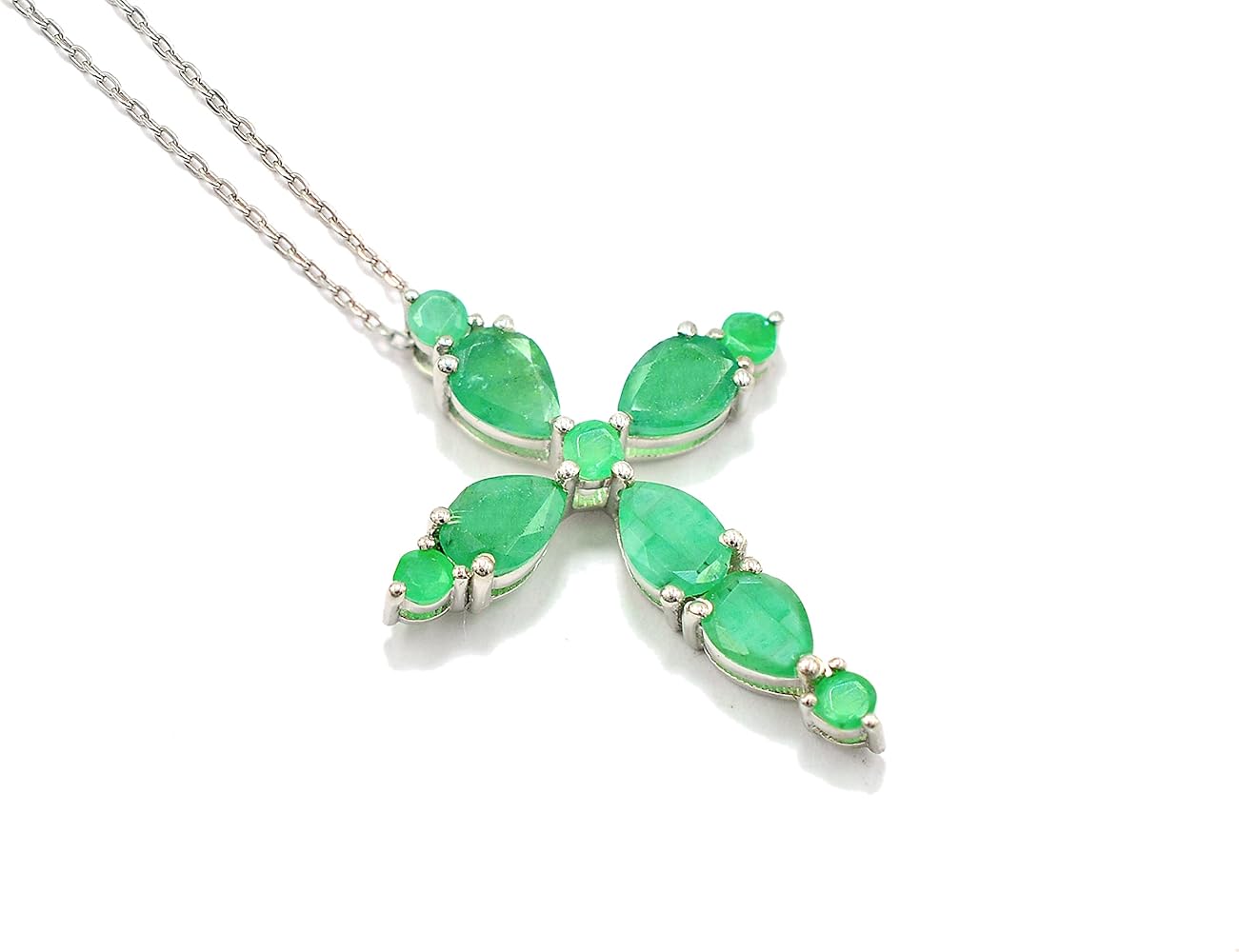 925 Sterling Silver Natural Zambian Emerald 7X5 MM Pear Cut Gemstone Holy Cross Pendant Necklace May Birthstone Emerald Jewelry Wedding Gift For Bridal (PD-8428)