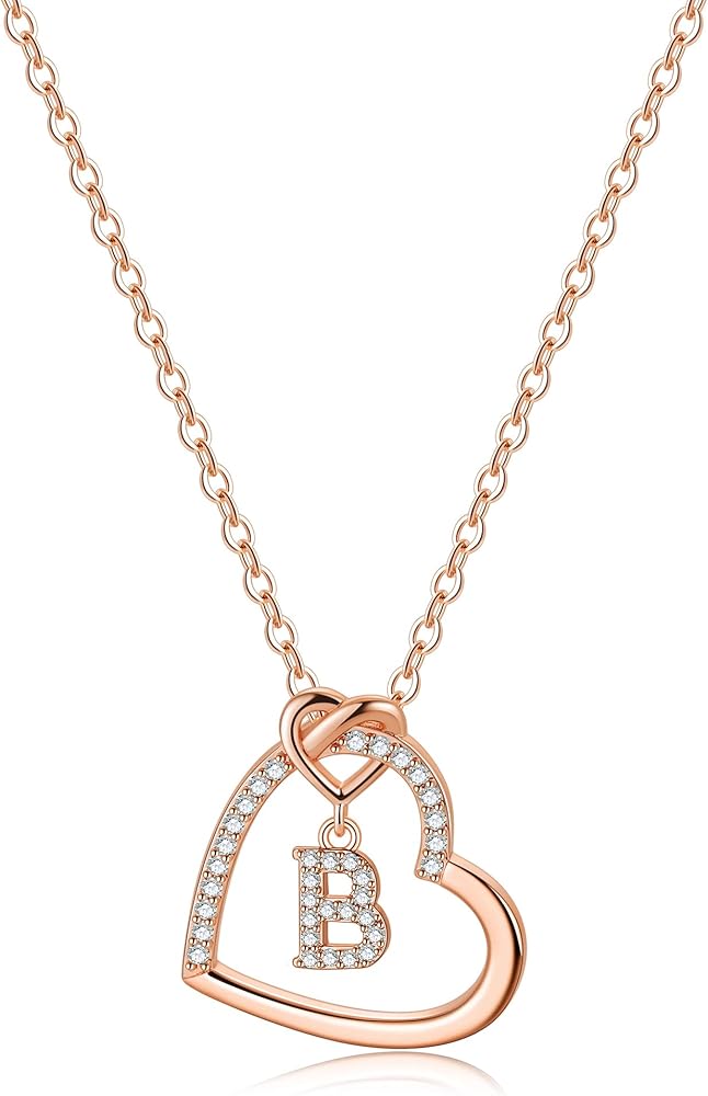 Anoup Dainty Initial Necklaces for Women - 14K Gold/White Gold/Rose Gold Plated Necklace, CZ Simulated Diamond Heart Pendant Fashion Stuff for Women Teen Girls Birthday Gifts