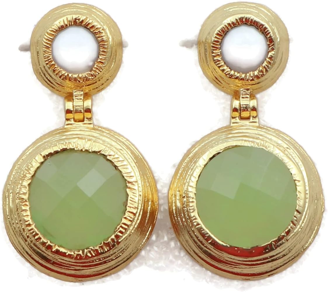 Handmade Round Shape Dangle Earring | White Agate & Prehnite Gemstone Stud Earring | Double Stone Brass Gold Plated Drop & Dangle Jewelry | 1309)15F