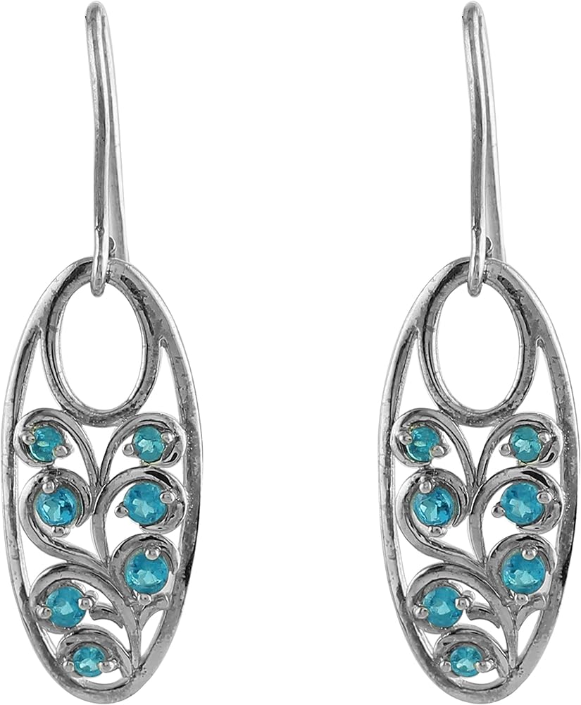 Carillon Stylish Blue Apatite Natural Gemstone Round Shape Drop Dangle Wedding Earrings 925 Sterling Silver Jewelry