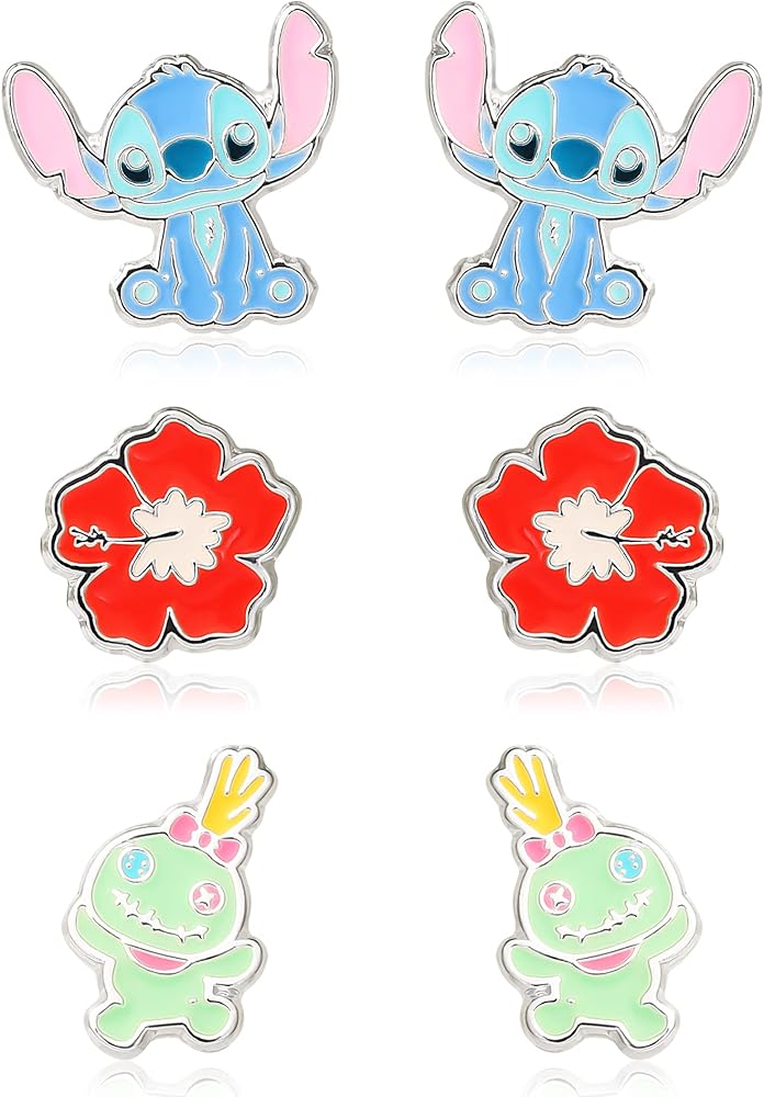 Disney Lilo and Stitch Experiment 626 Silver Plated Stud Earring Set, 3 Pairs - Officially Licensed