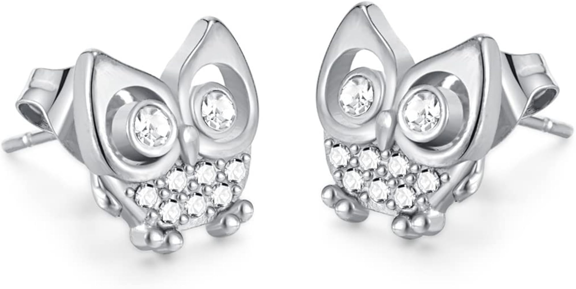 Stainless Steel Owl Style Cubic Zircon Filled Holiday Party Stud Earrings