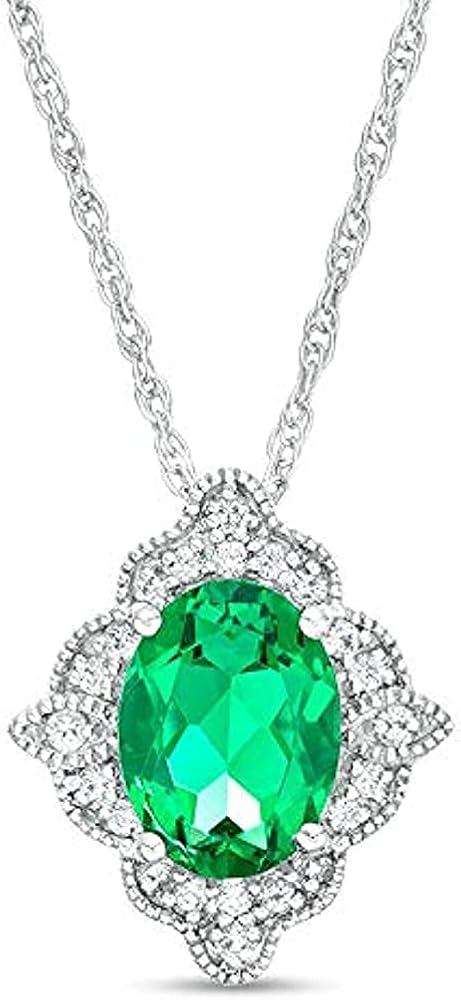 Oval Cut Emerald & Cubic Zirconia Scallop Frame Vintage-Style Pendant For Womens & Girls 14k White Gold Plated 925 Sterling Silver.