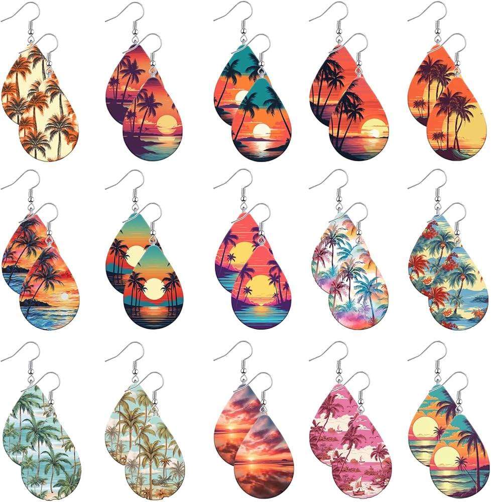 15 Pairs Hawaii Wooden Earrings for Women Girls Cute Handmade Hawaii Summer Landscaping Wooden Earrings for Women Girls Teens Jewelry Gift