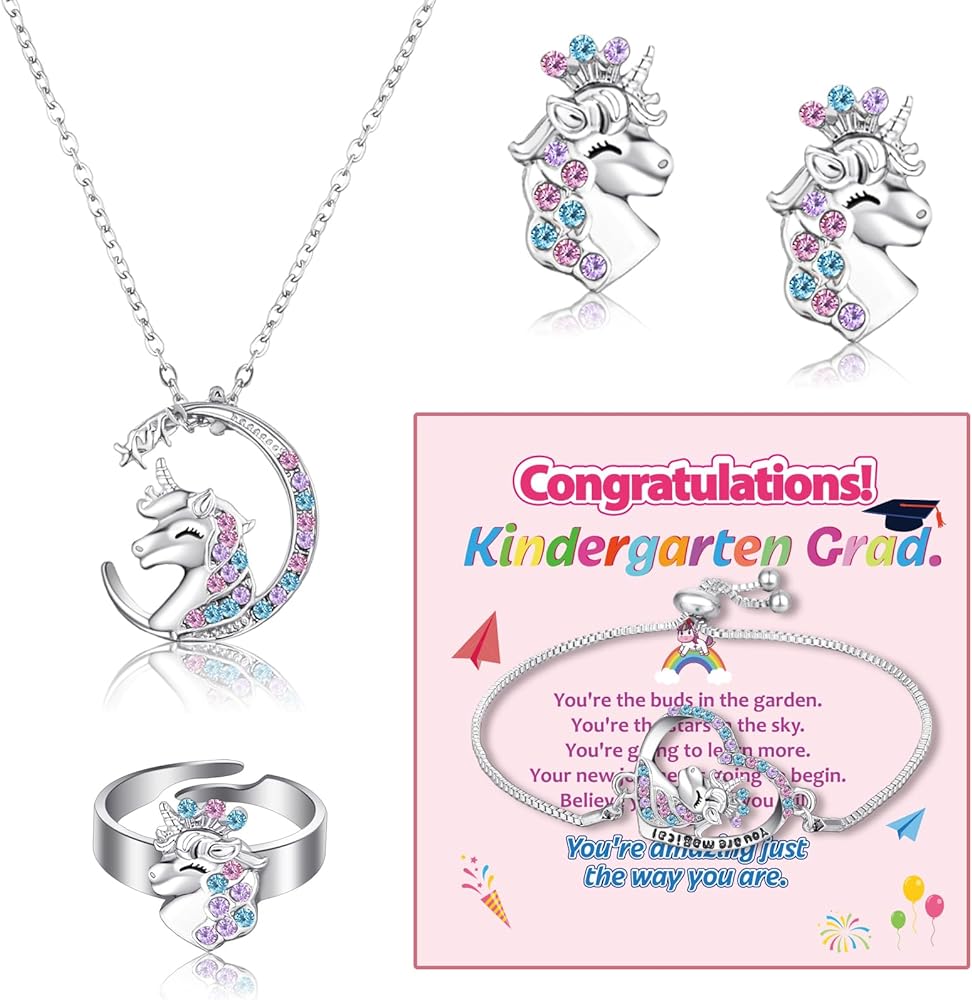 6 Pcs Graduation Gift for Graduate Congratulation Gift for Girls Kids Unicorn Jewelry Set Necklace Earrings Bracelet Ring Greeting Card Box