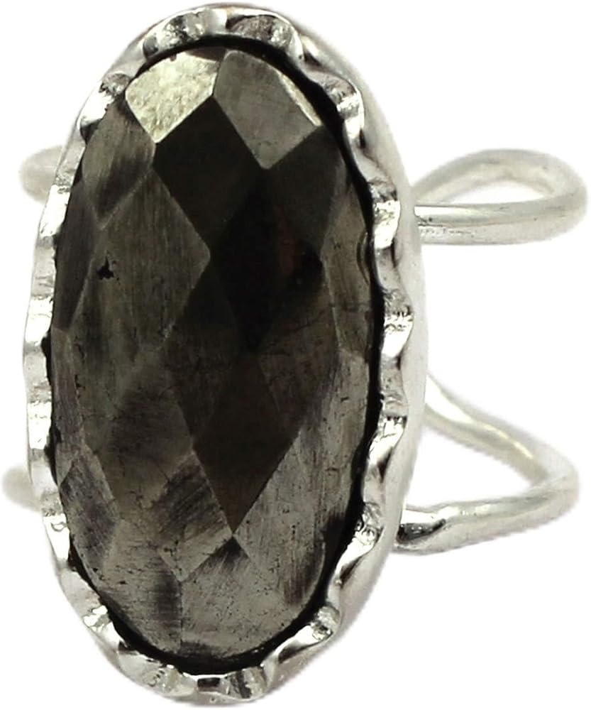 Silver Plated Black Pyrite Gemstone Adjustable Rings Oval Shape Single Stone Handmade Rings Jewelry